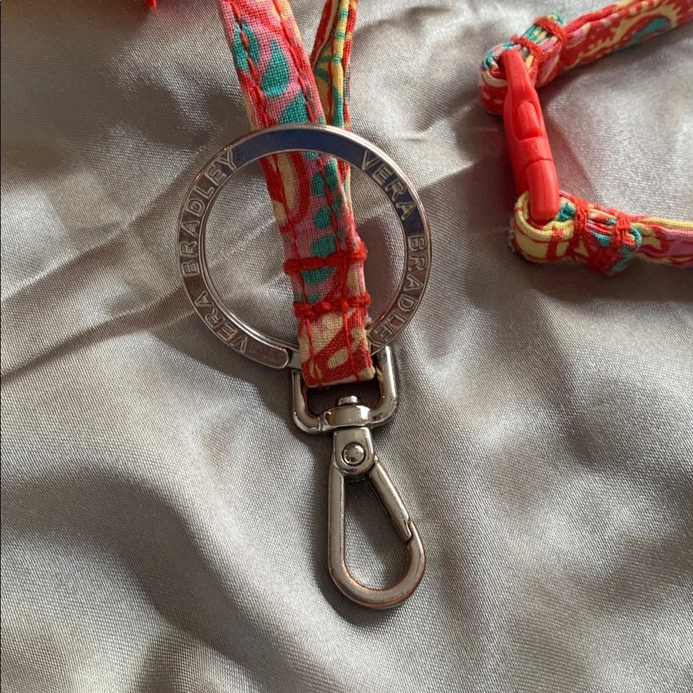 🌹VINTAGE Vera Bradley Coral Floral Keychain Necklace w/ Silver-Tone Ring Pendant